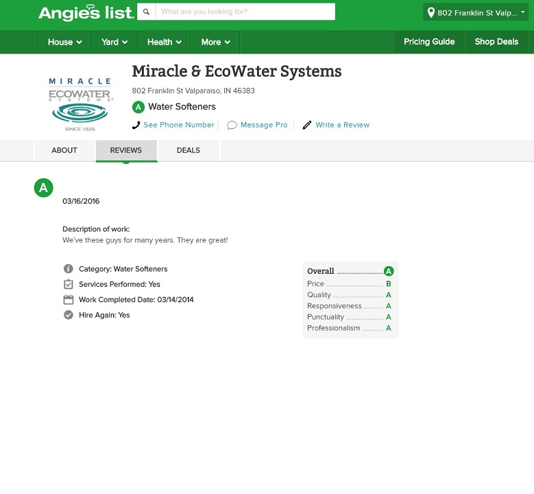 Testimonials. Water Softener and Filtration System Service Expert