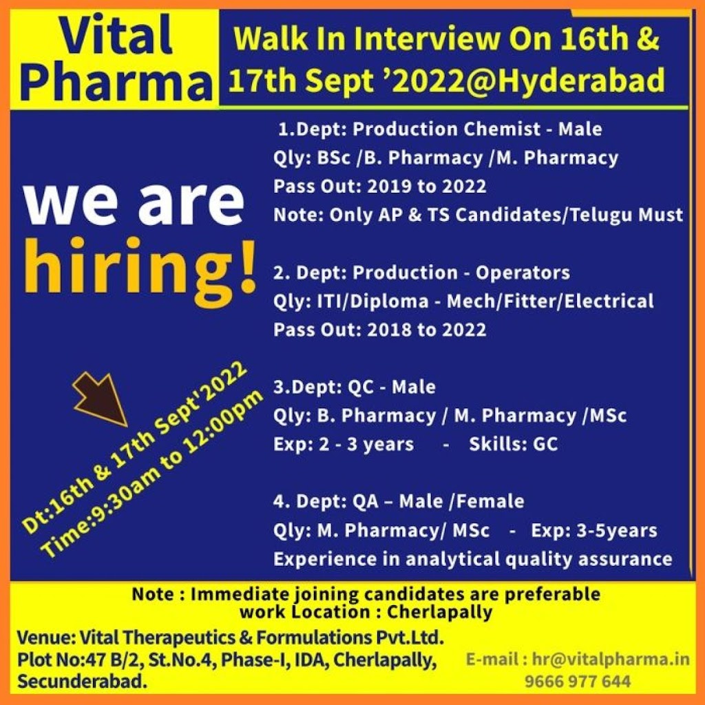 Multiple vacancies in Vital Pharma for Production / Quality Control