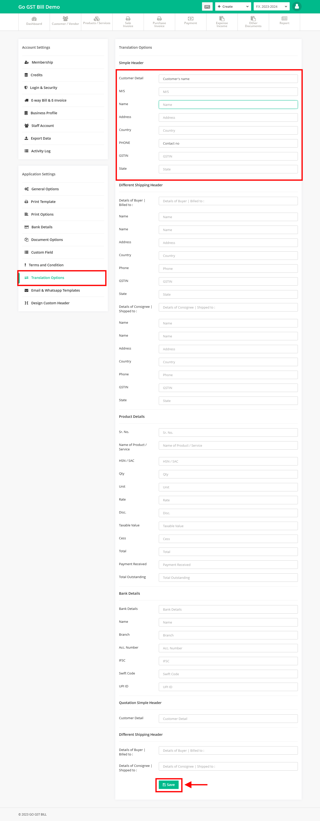 How to translate the label for invoice using translation option 100