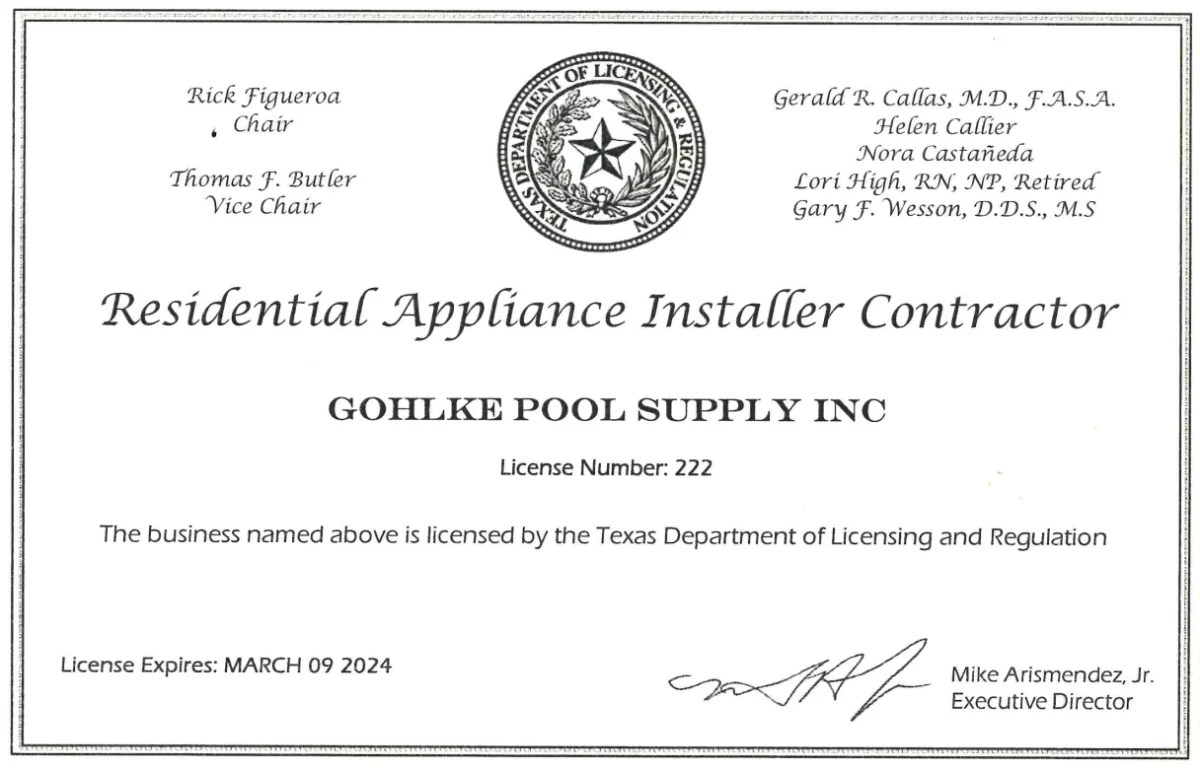 Our Contractors License Gohlke Pools