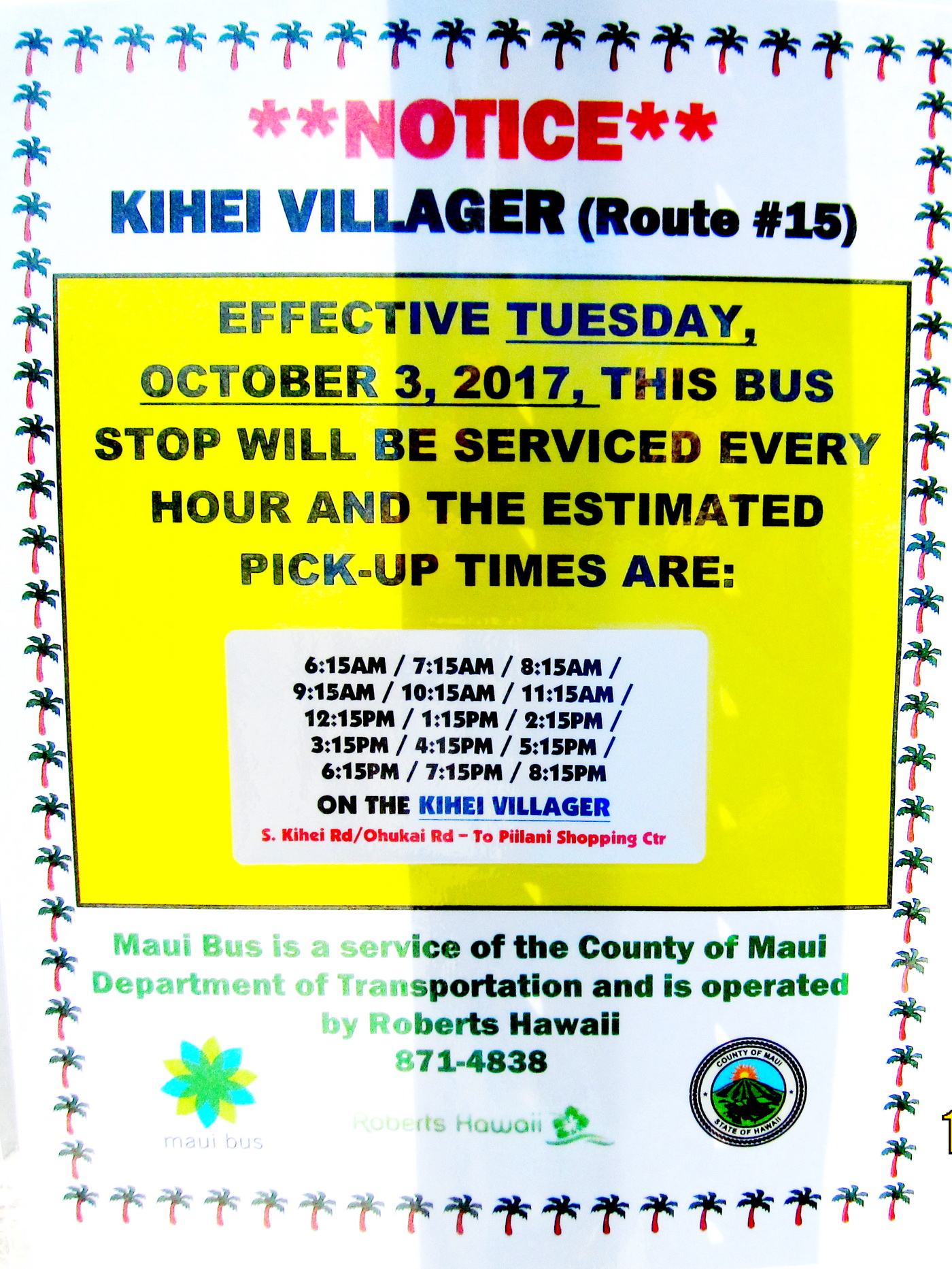 Maui Bus Kihei Villager (Route 15) schedule change starts Tuesday