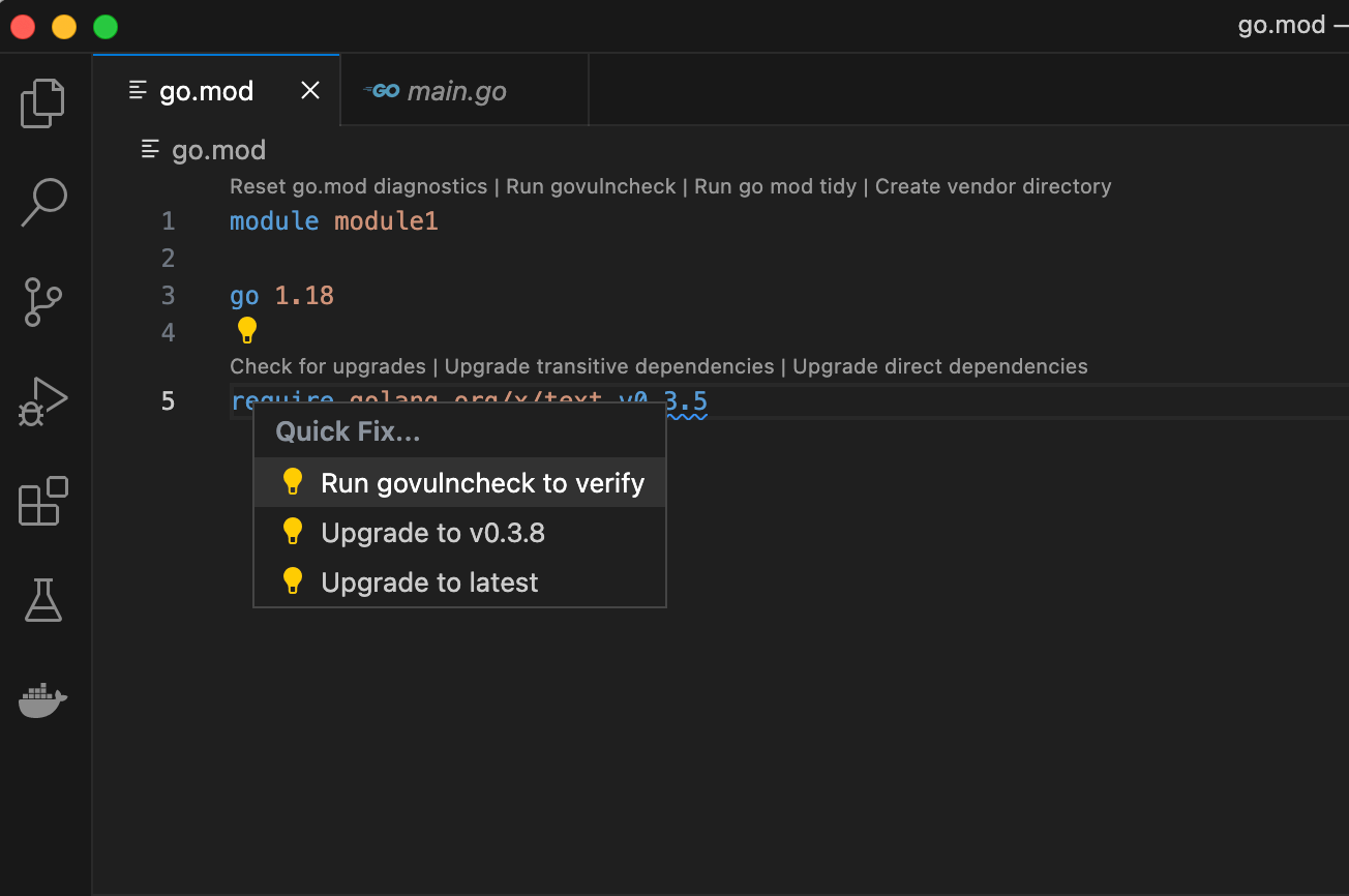 Tutorial Find and fix vulnerable dependencies with VS Code Go The Go