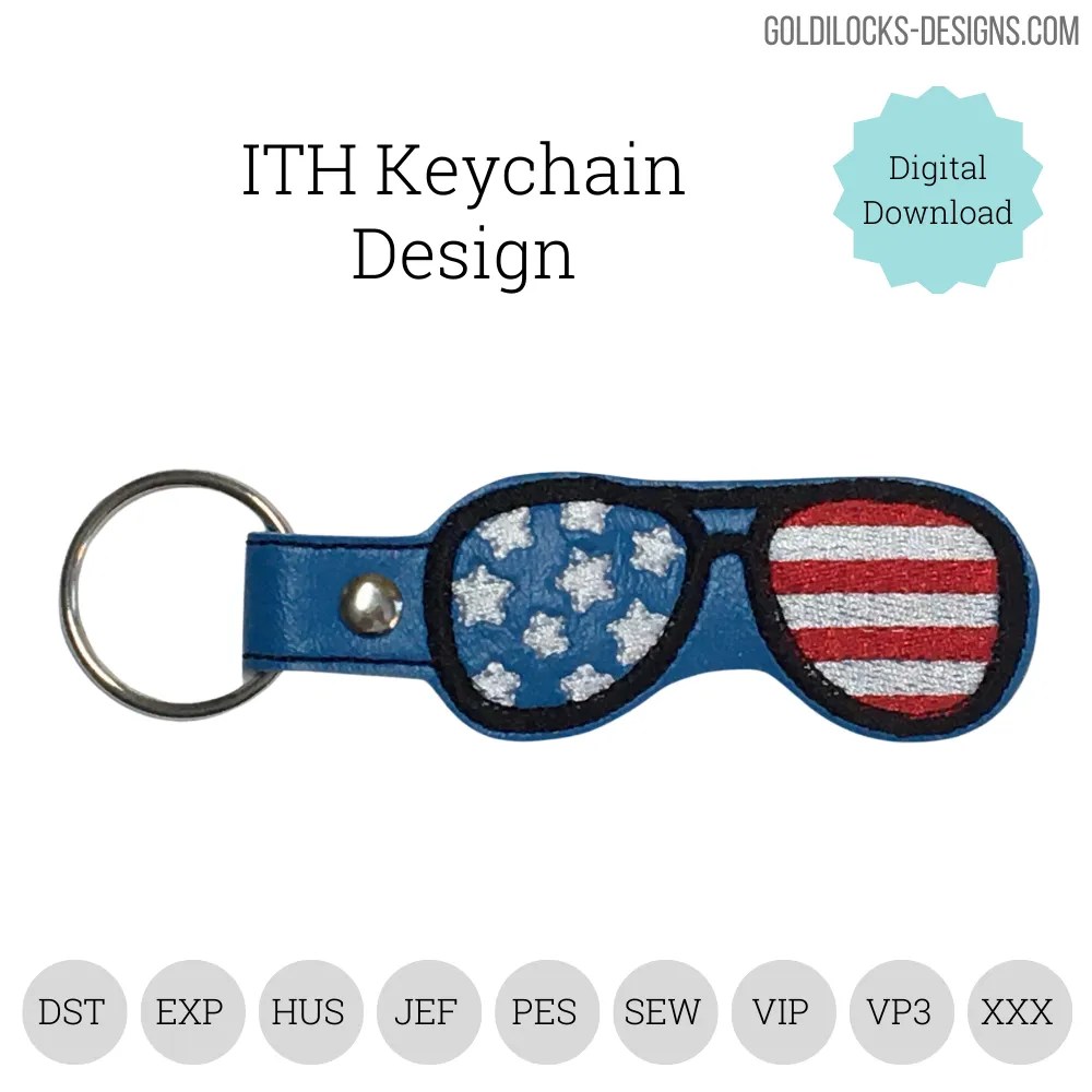 Patriotic Sunglasses Summer Keychain ITH Machine Embroidery Design