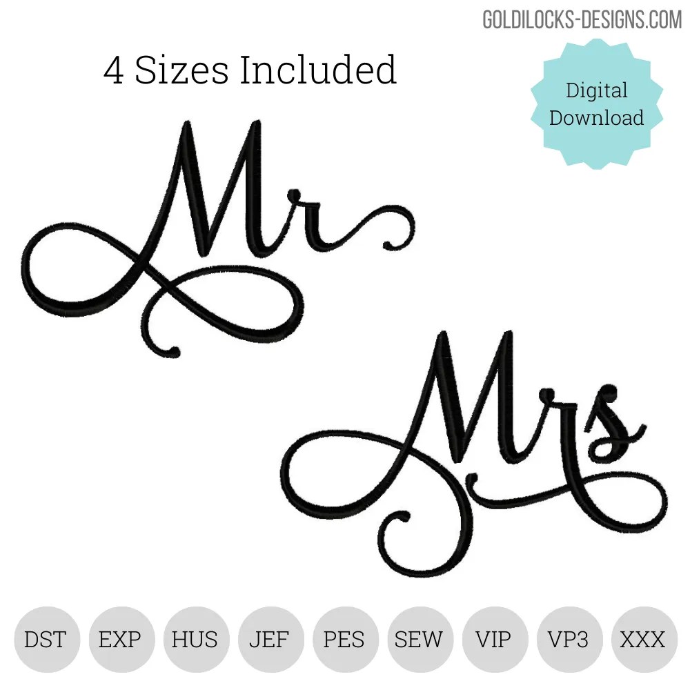 Mr and Mrs Handwriting Script Embroidery Design * Wedding Machine Embroidery Design Goldilocks