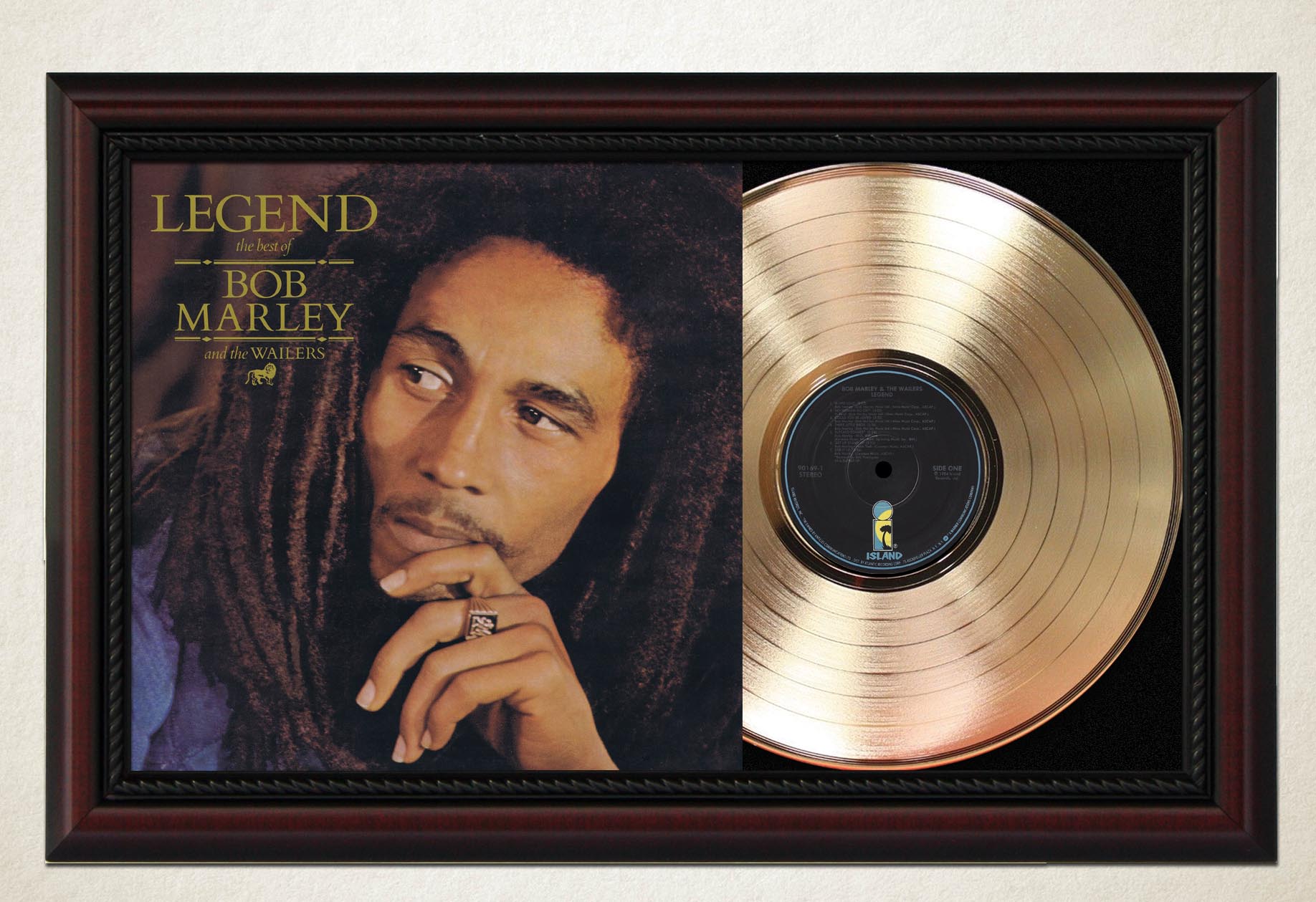 Bob Marley Legend Cherry Wood Gold LP Record Sleeve Display M4 Gold Record Outlet Album and