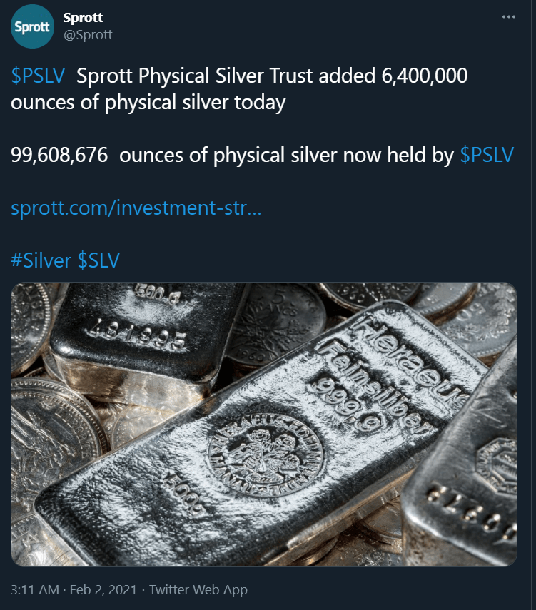 Sprott Physical Silver Trust added 6,400,000 ounces of physical silver today PSLV GoldSeek