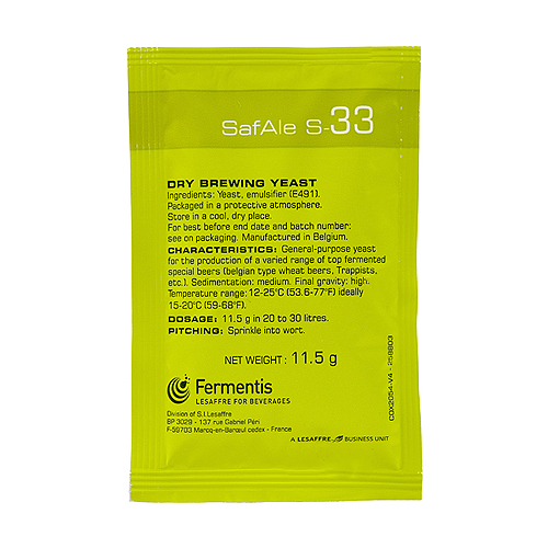 Safale S33 Belgian Ale Dry Yeast 11.5 g Sachet Beer Yeast