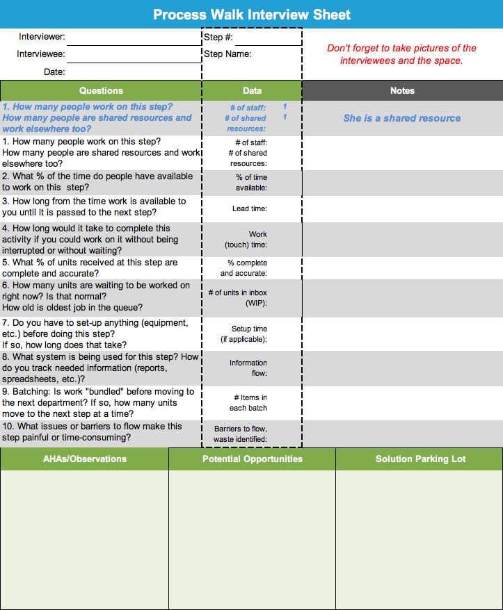 Process Walk Interview Sheet (aka Gemba Walk Interview