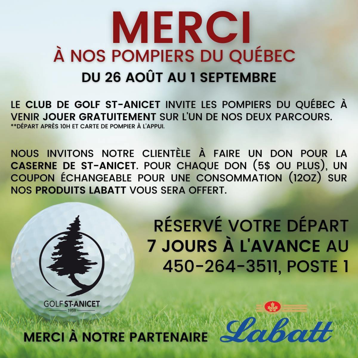 Golf gratuit à StAnicet pour les pompiers et à propos du premier