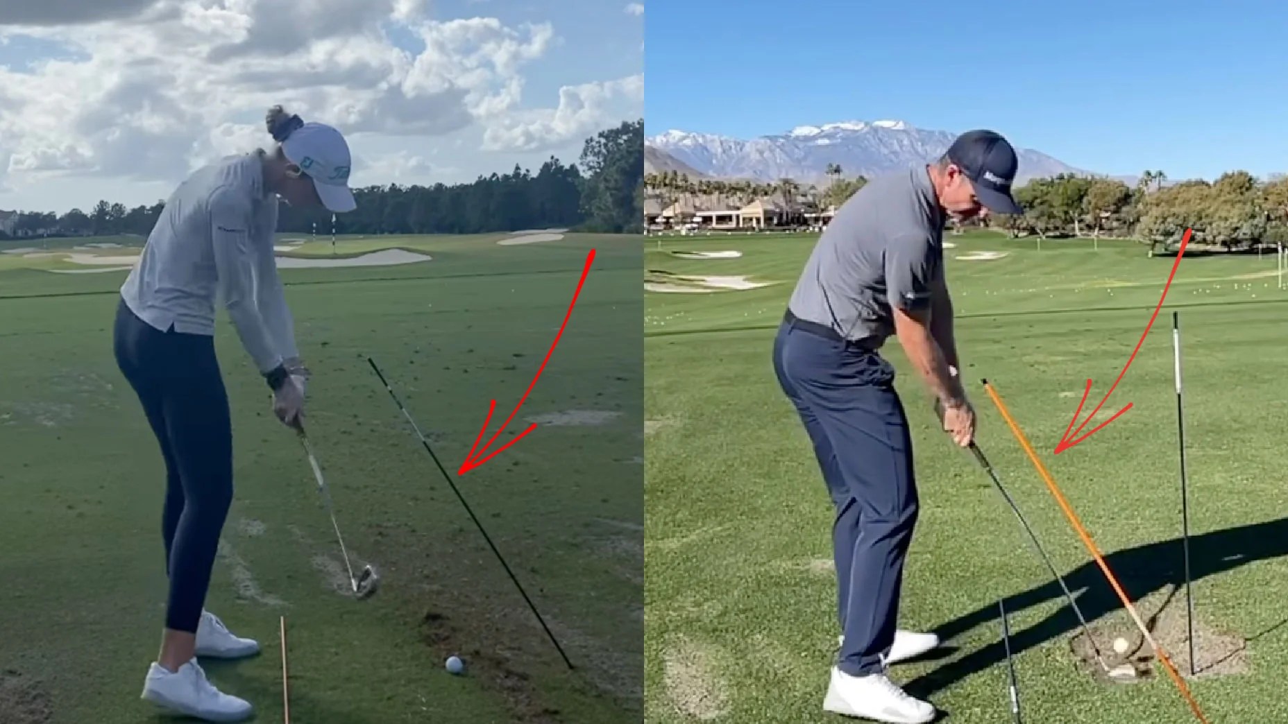 Why do so many pro golfers swing with a stick in the ground on the