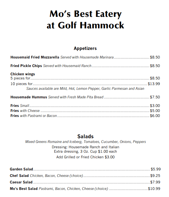 Bar and Grill Golf Hammock Country Club