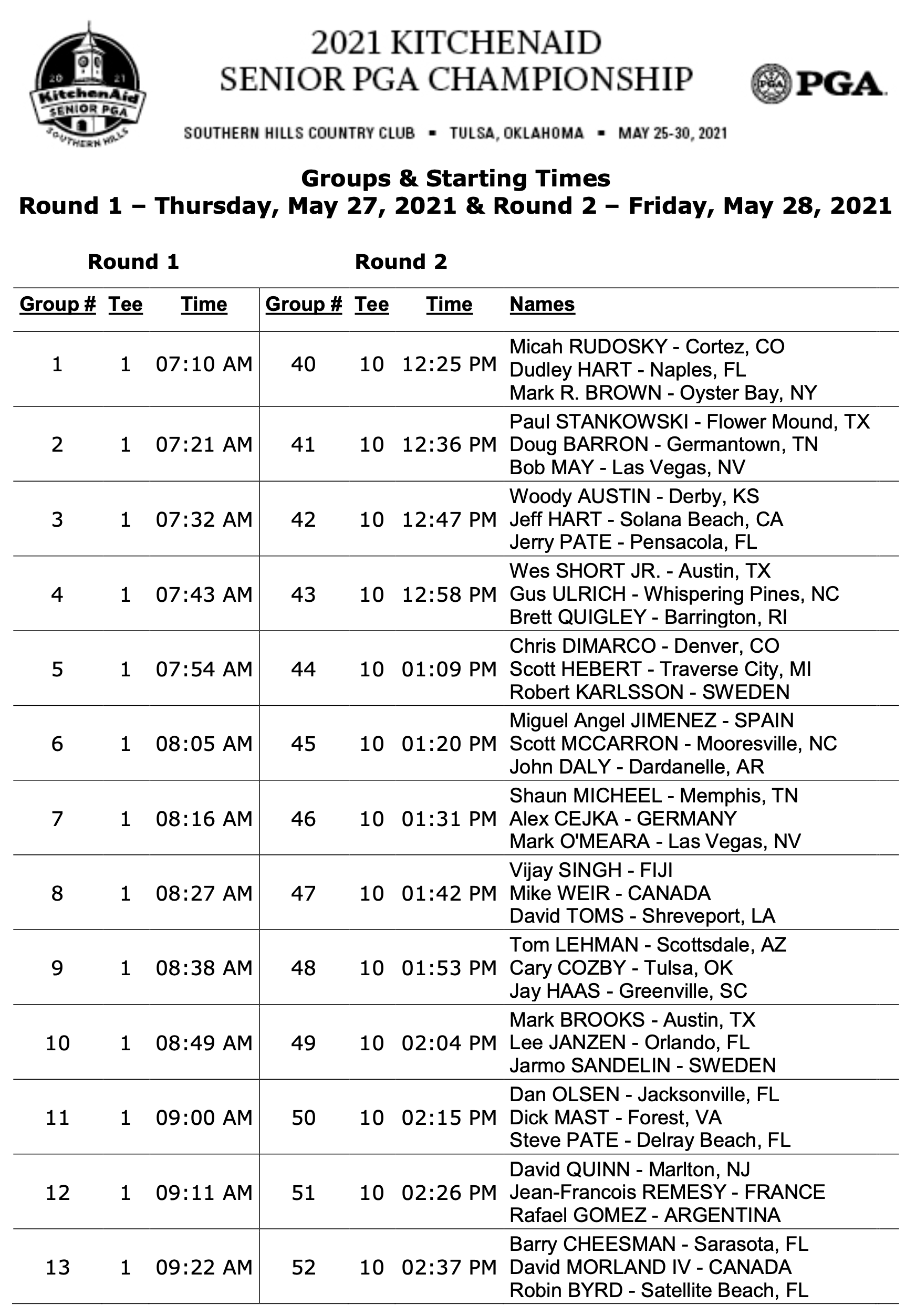 Starting times announced for the 2021 KitchenAid Senior PGA