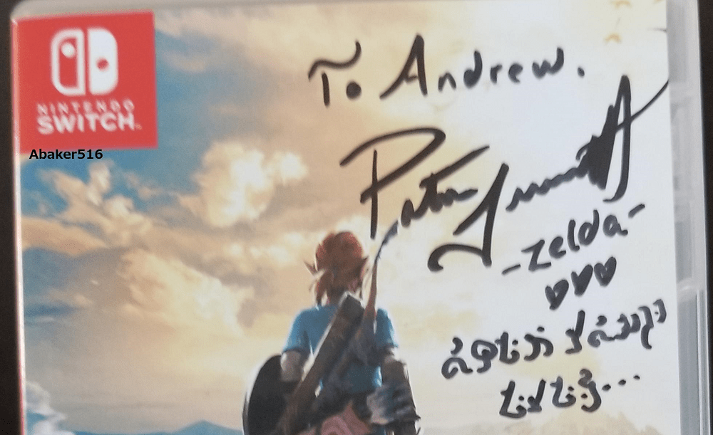 The voice of Zelda in Zelda Breath of the Wild signs a fan's copy of the game...in Hylian