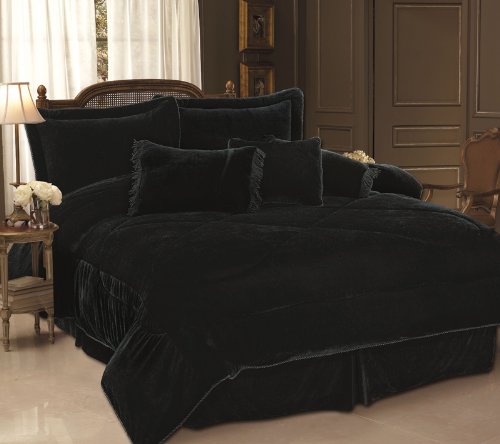 * 7 Piece Queen Black Velvet Comforter Bedding Set yadiabarai