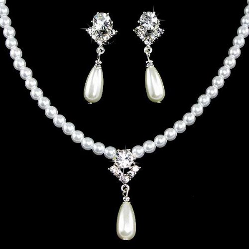+! Bridal Wedding Jewelry Set Austrian Crystal Pearl Linear Teardrop Necklace becekmenah