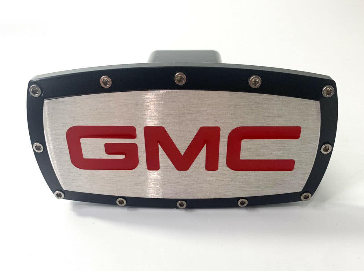 GMC Tow Hitch Cover Plug Black Outline, Red Emblem