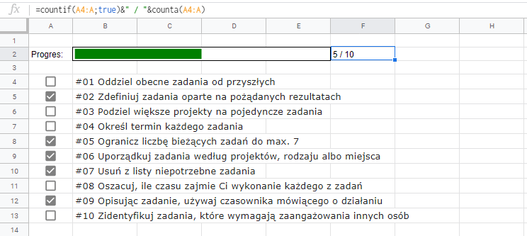 Zrób sobie pasek progresu pracy w arkuszu Arkusze Google użyteczne funkcje i sztuczki Google