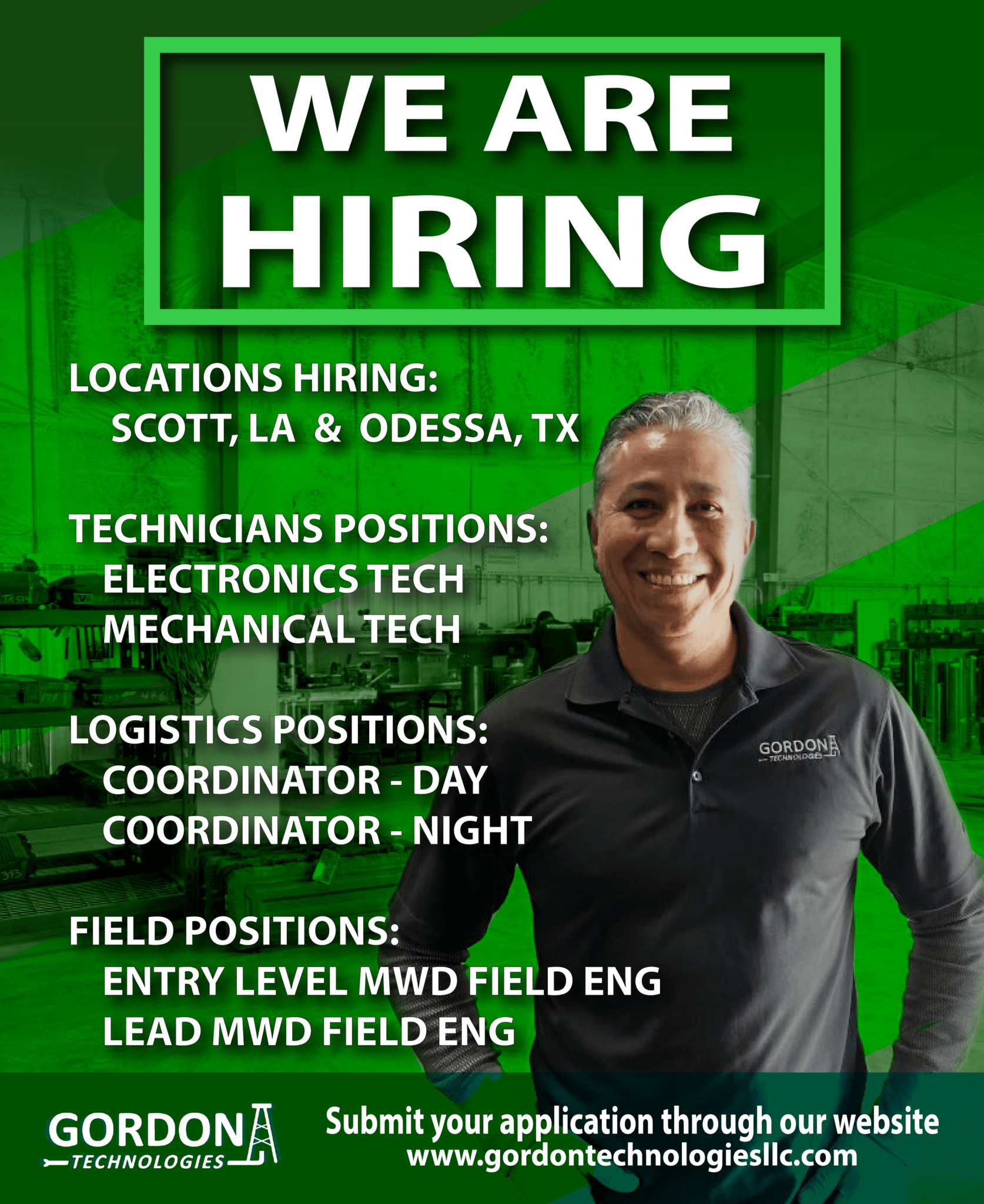 Now Hiring in Scott, LA & Odessa, TX Gordon Technologies