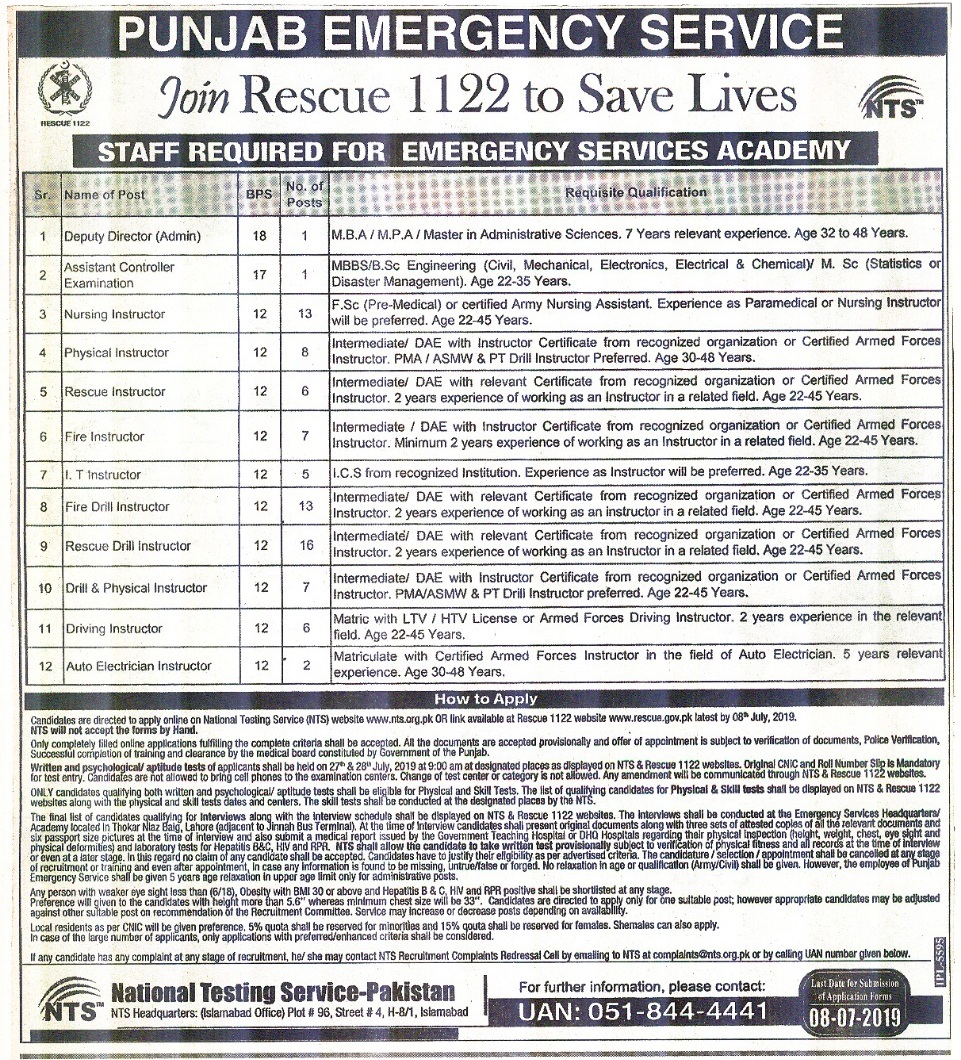 Punjab Rescue 1122 Jobs 2019 NTS Application Form Download