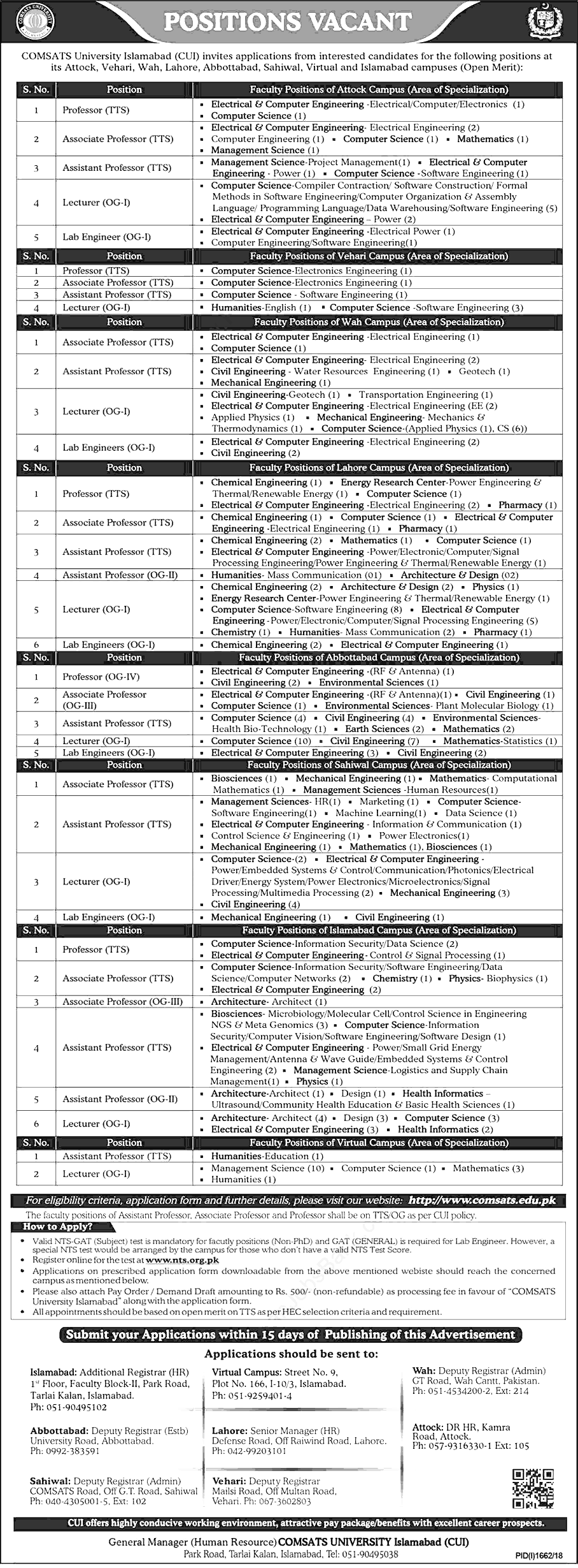 COMSATS University Islamabad CUI NTS Jobs 2022 Application