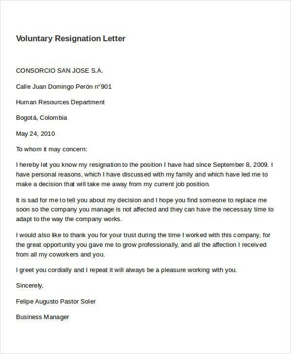 Volunteer Resignation Letter Gotilo