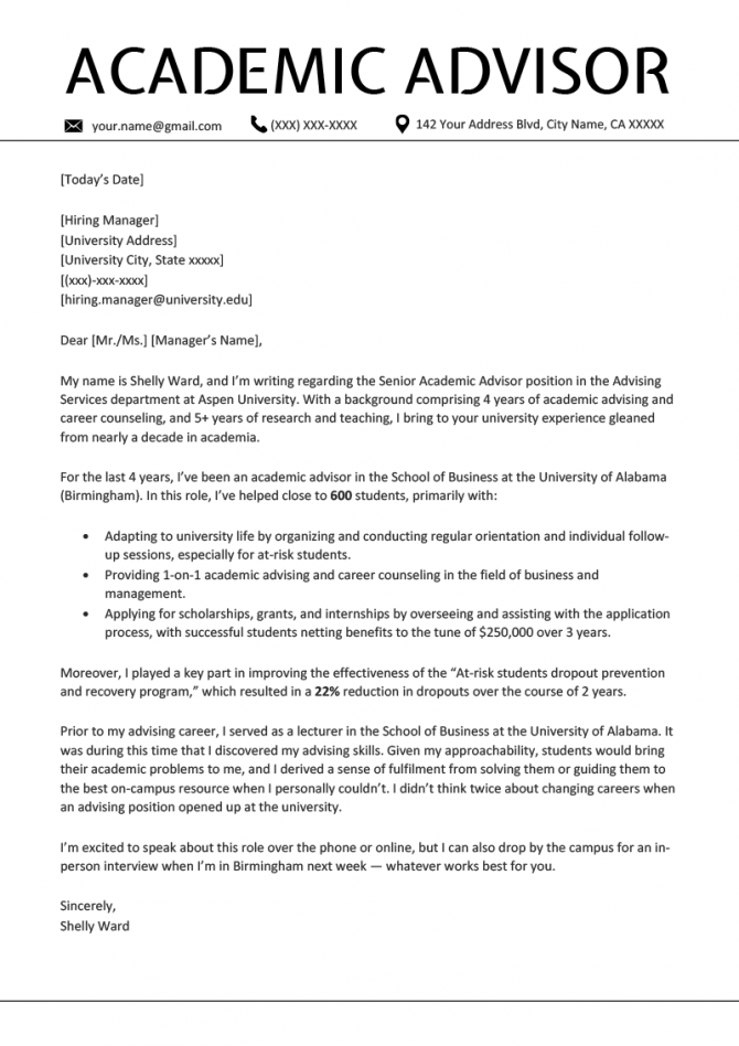 sample cover letter for academic job application