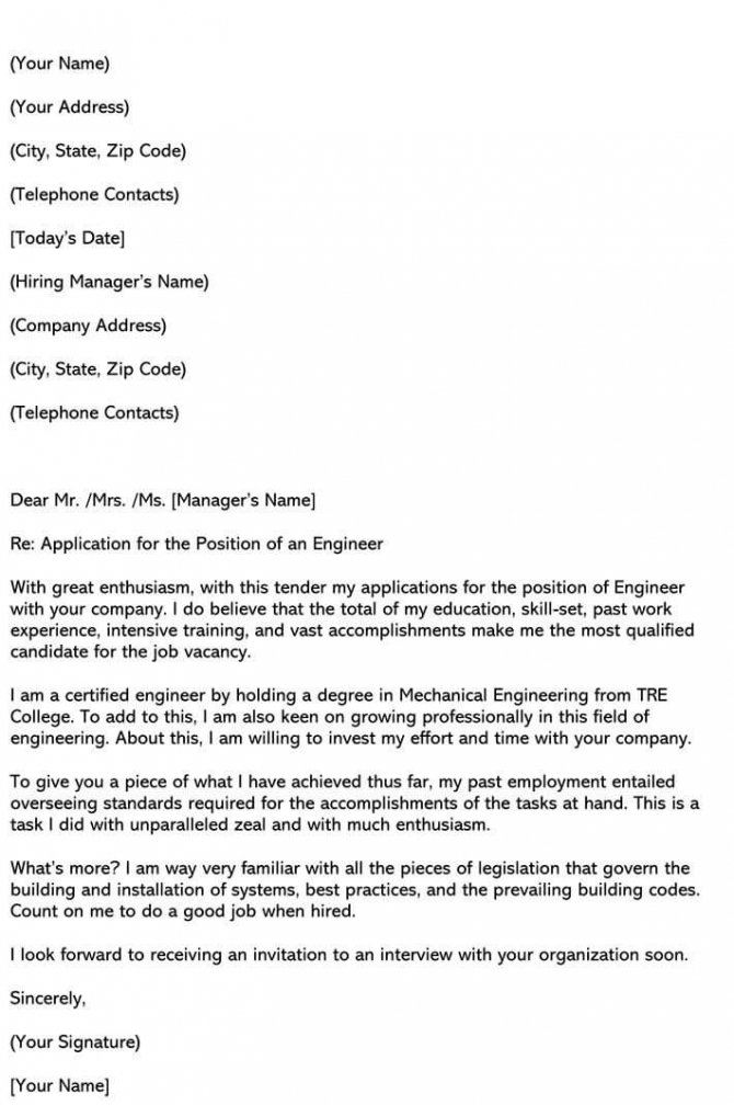 Job Application Letter For Engineer Samples & Templates