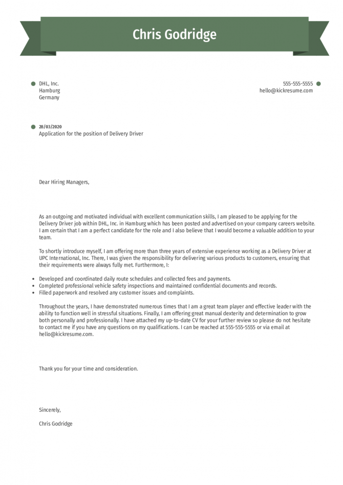 Home Delivery Driver Cover Letter