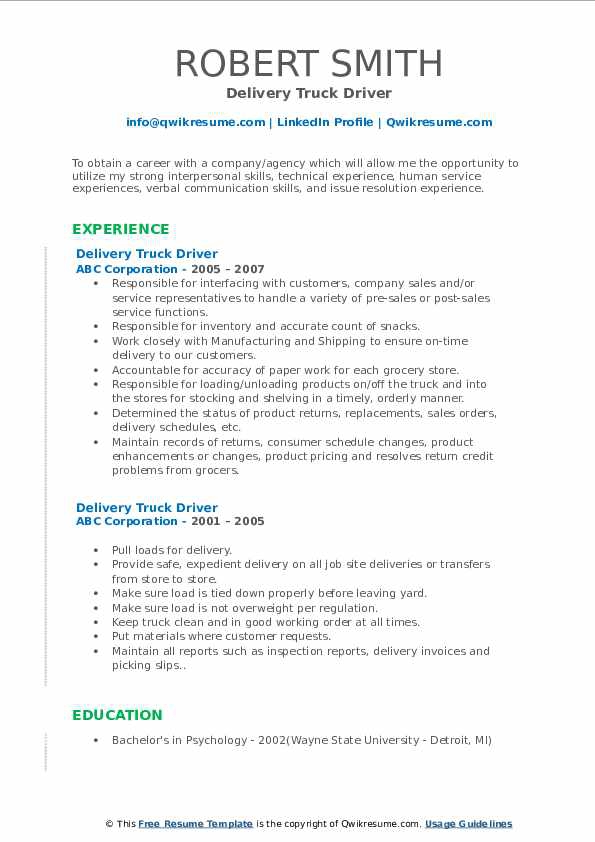 Delivery Truck Driver Job Description