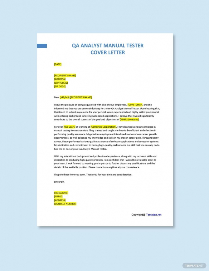 QA Analyst Manual Tester Cover Letter Gotilo