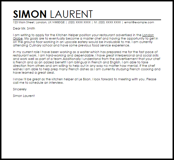 Cook Helper Cover Letter Gotilo