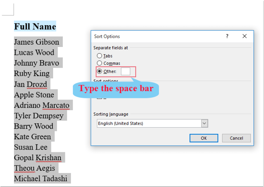 How to sort full names based on the last name in Word document