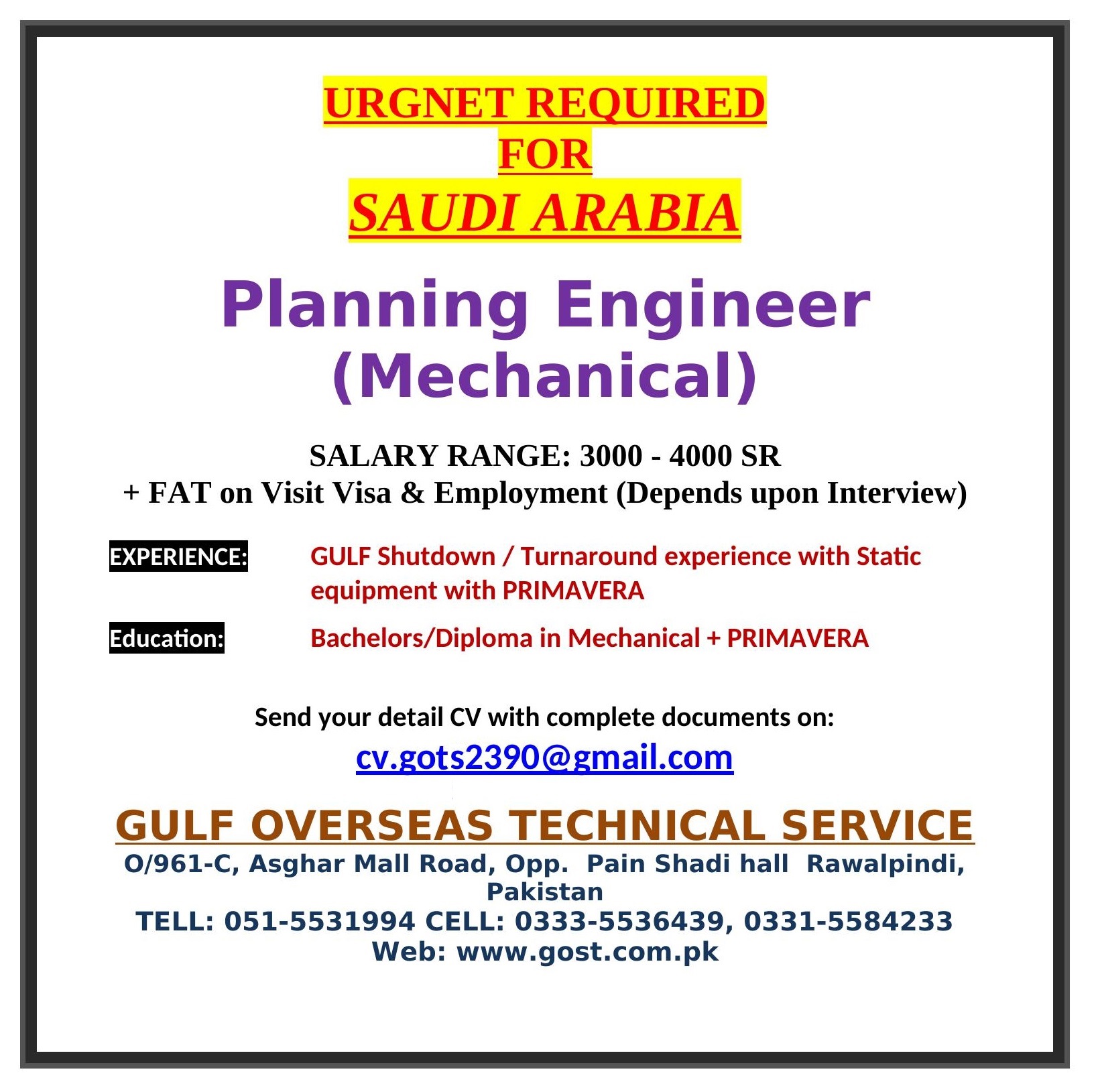PLANNING ENGINEER (Mechanical) FOR KSA (Click here for more detail