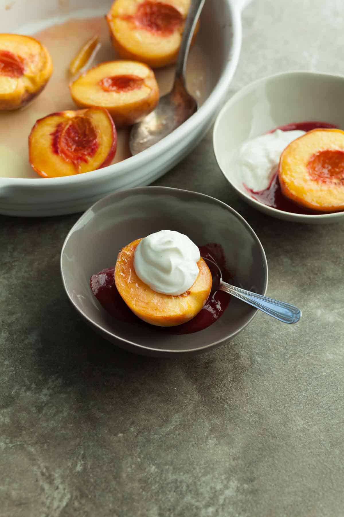 Roasted Peaches with Raspberry Sauce