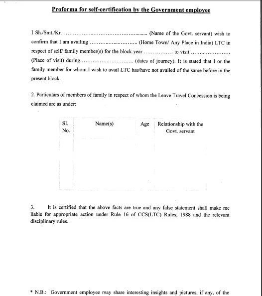 Proforma for selfcertification by the Government employee Central