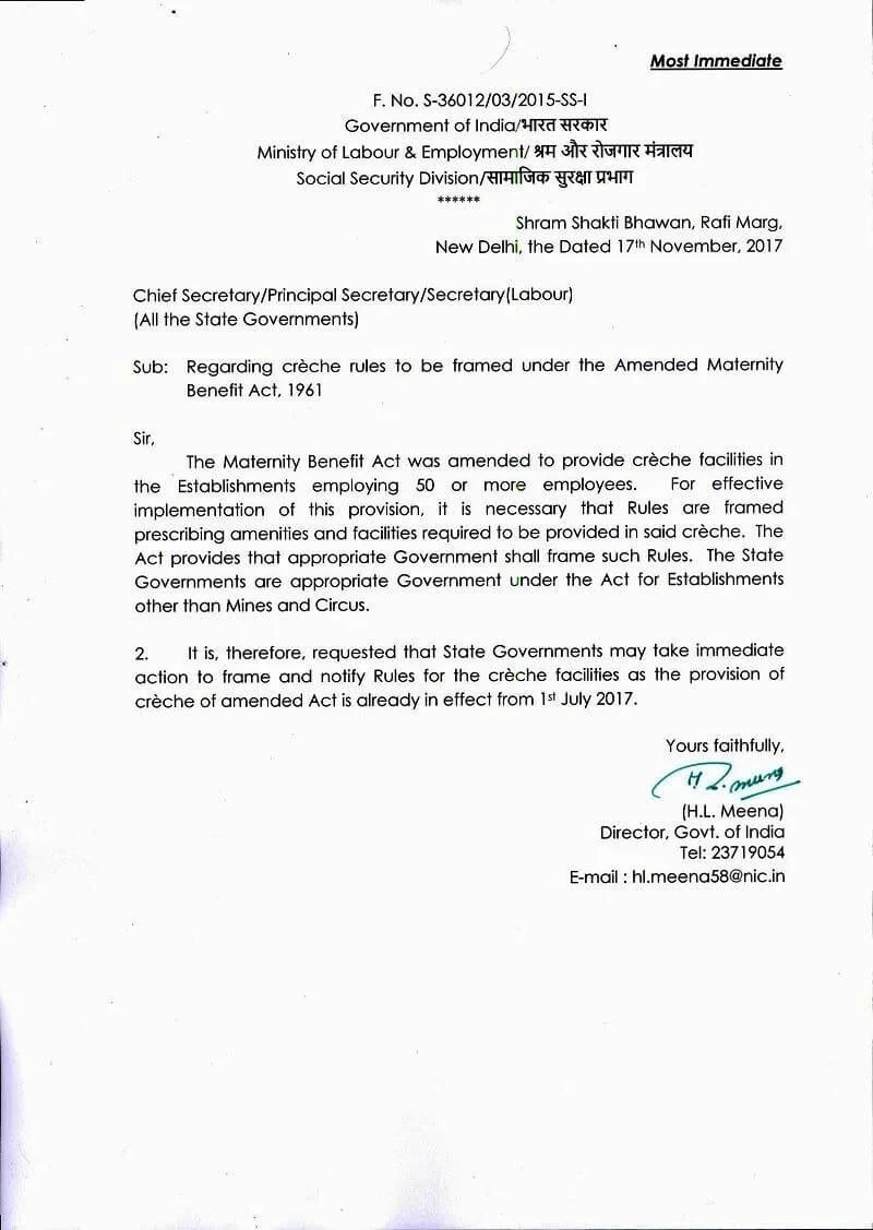 Regarding Creche rules to be framed under the Amended Maternity Benefit