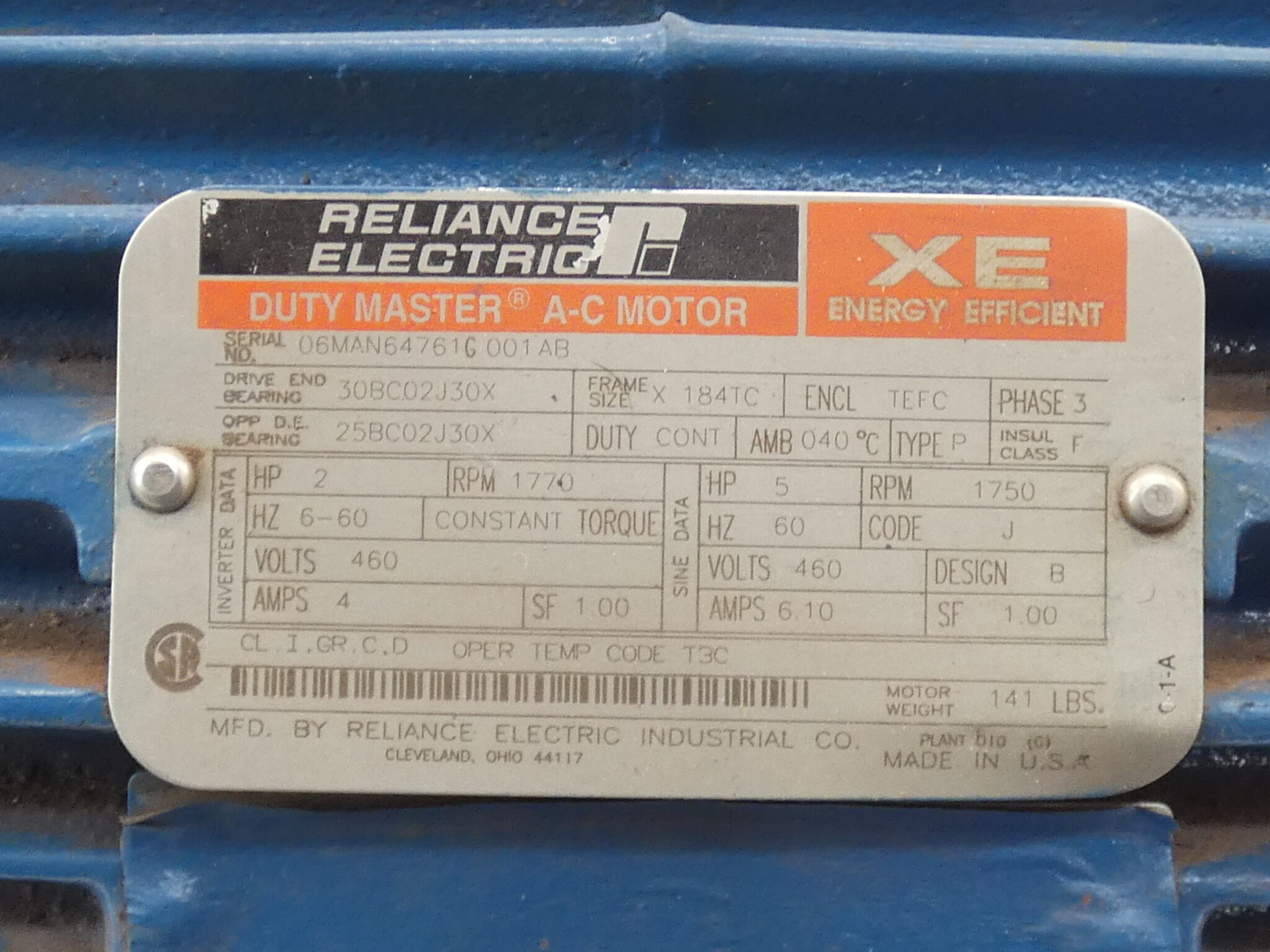 2HP/5HP Reliance Electric AC Motor, Type P, Frame X184TC, 3PH GPM Surplus