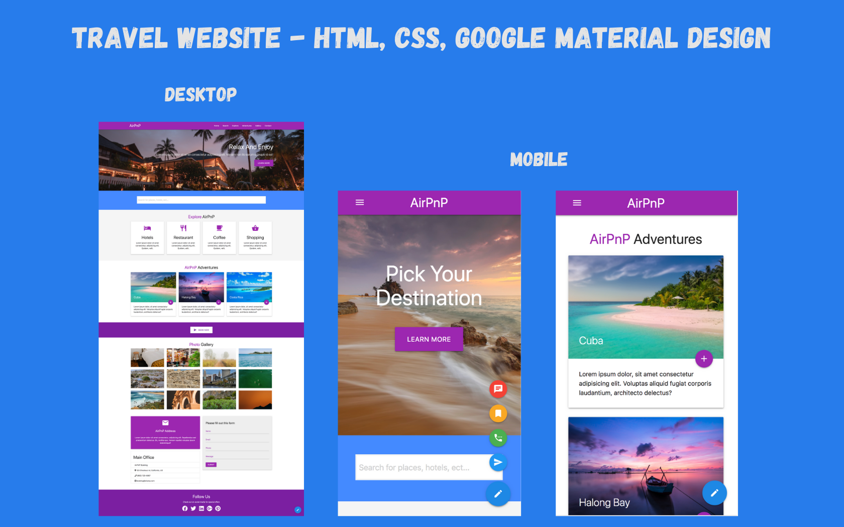 Responsive travel website using HTML, CSS, and Google Material Design
