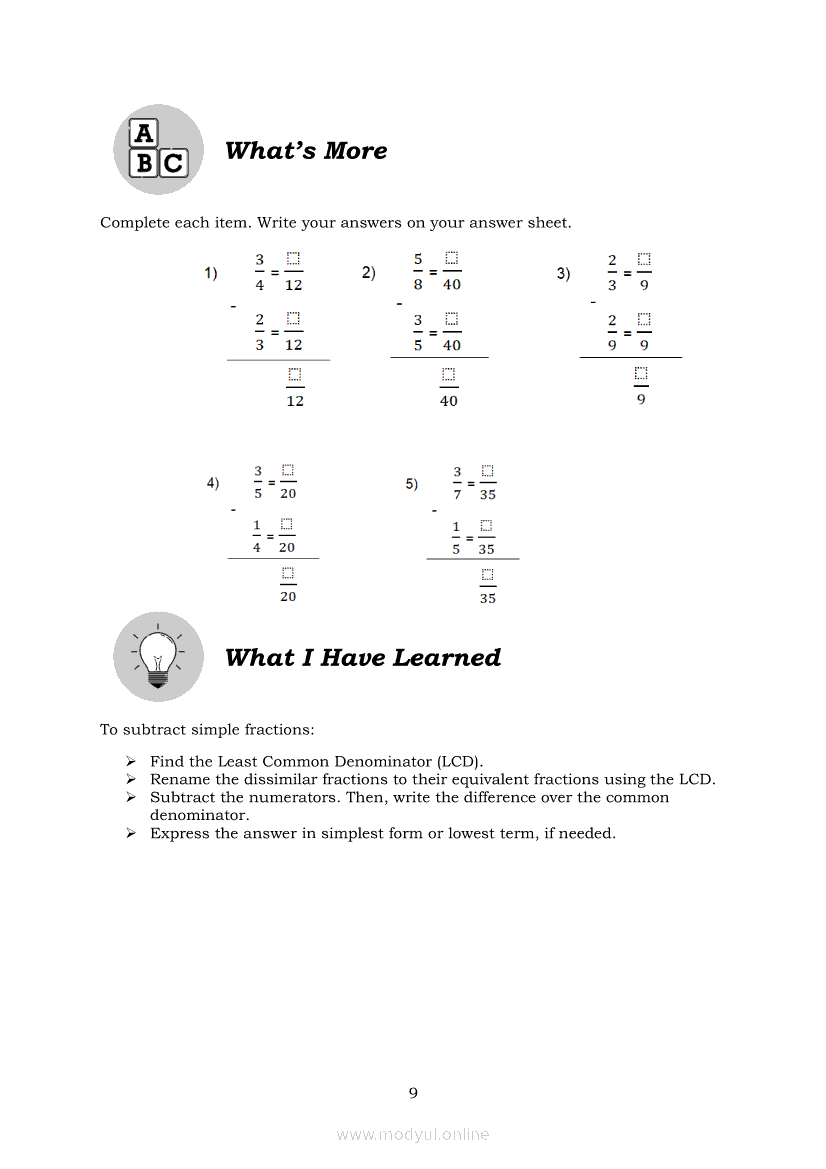 Math 6 Module 2 Subtracting Simple Fractions and Mixed Numbers Without