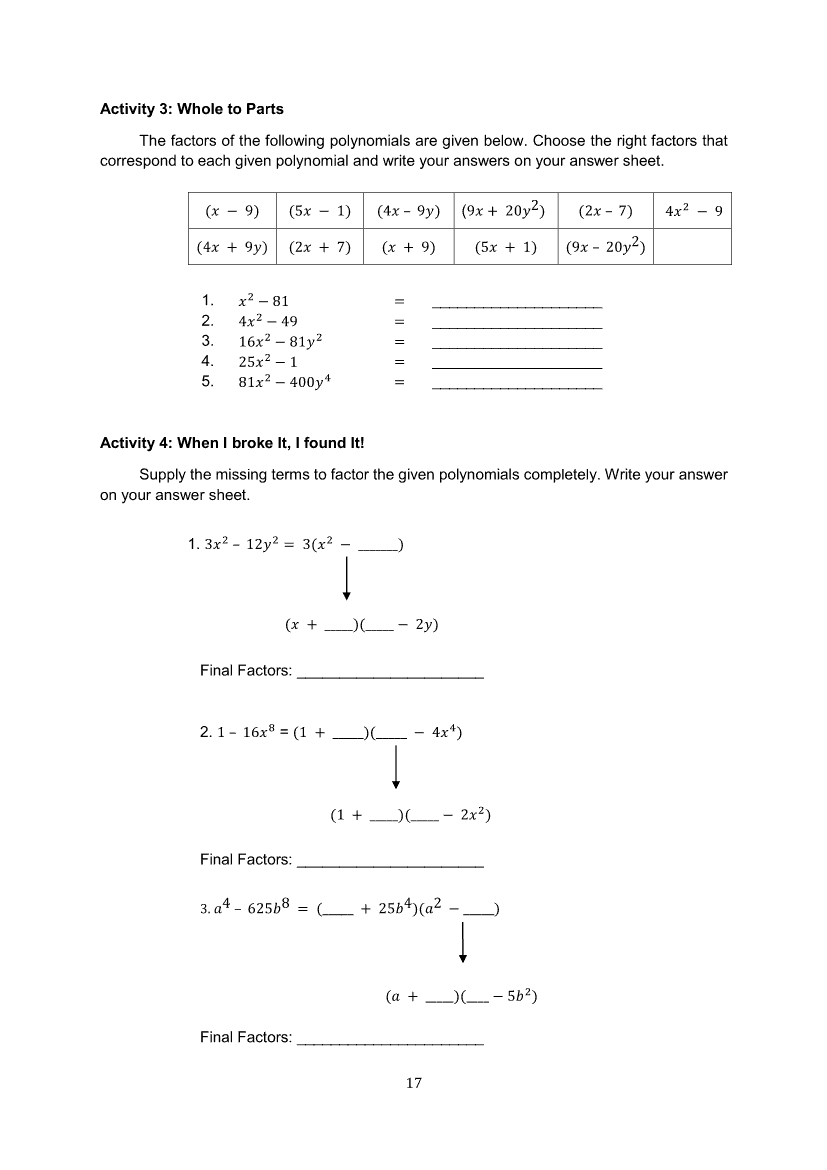 Math 8 Module 1A Factoring Polynomials Grade 8 Modules
