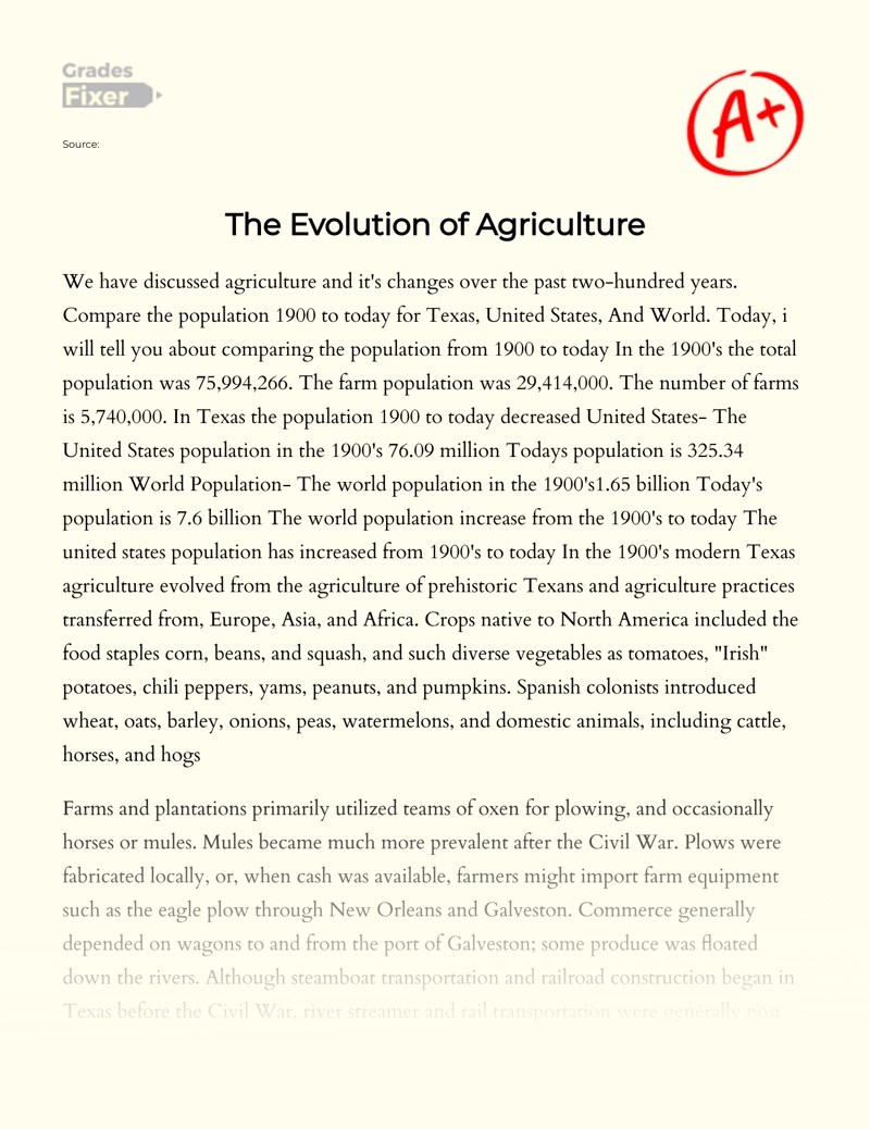 The Evolution of Agriculture [Essay Example], 999 words GradesFixer