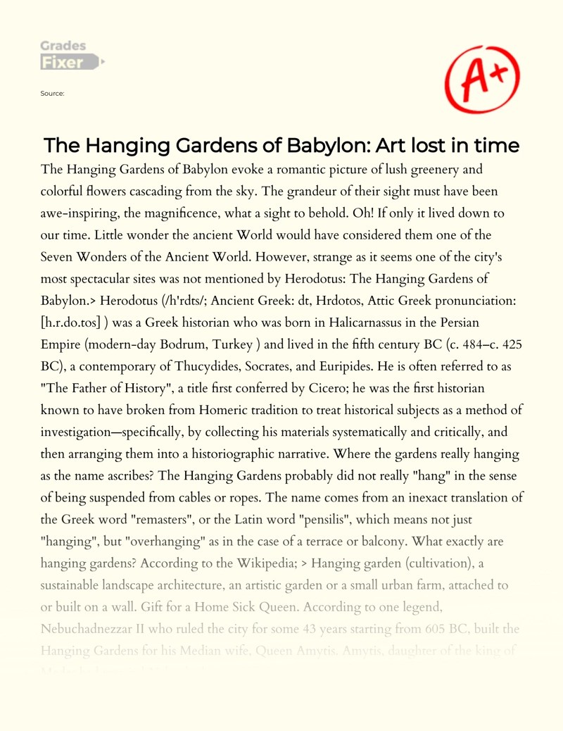 The Hanging Gardens of Babylon Art Lost in Time [Essay Example], 838