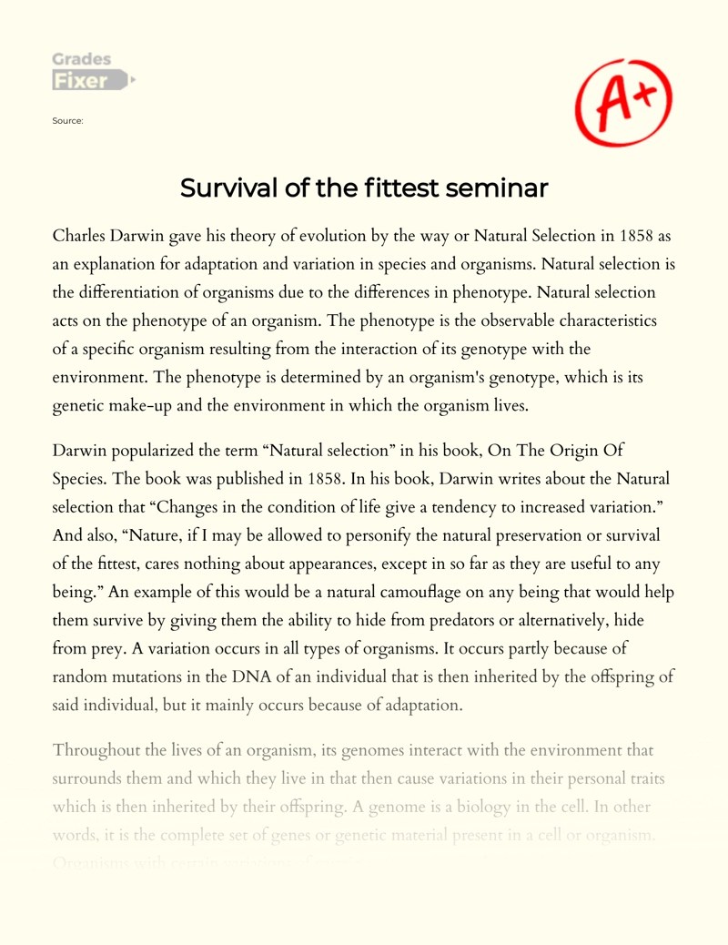 Natural Selection Survival of the Fittest [Essay Example], 775 words