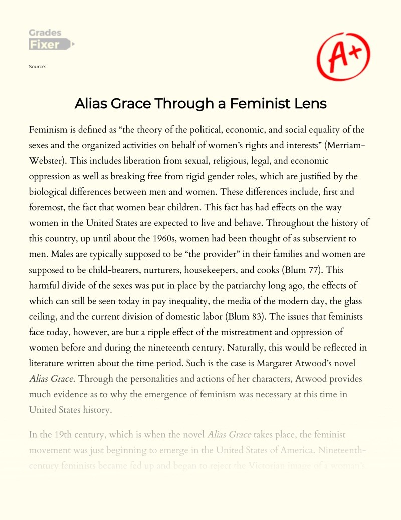 Alias Grace Through a Feminist Lens [Essay Example], 1844 words