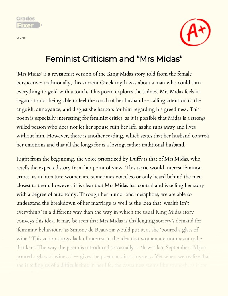 Feminist Criticism and “Mrs Midas” [Essay Example], 881 words GradesFixer