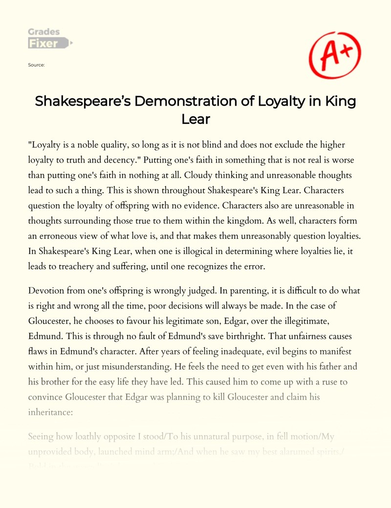 Shakespeare’s Demonstration of Loyalty in King Lear [Essay Example