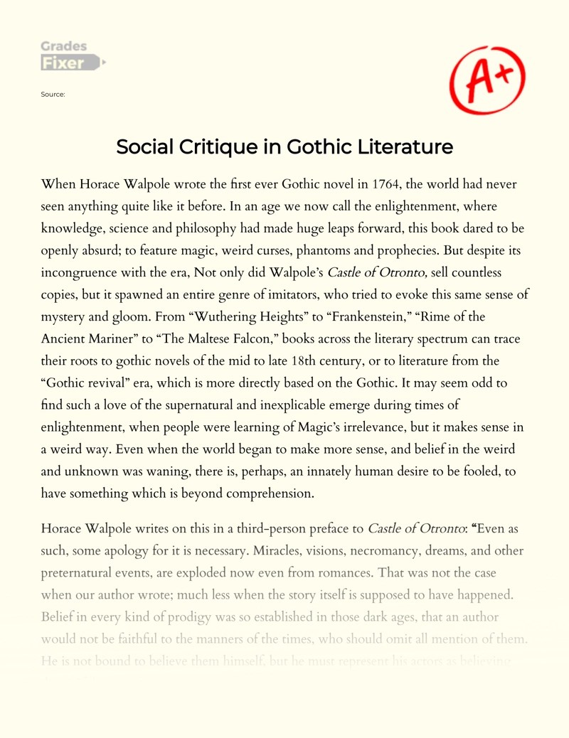Social Critique in Gothic Literature [Essay Example], 2958 words