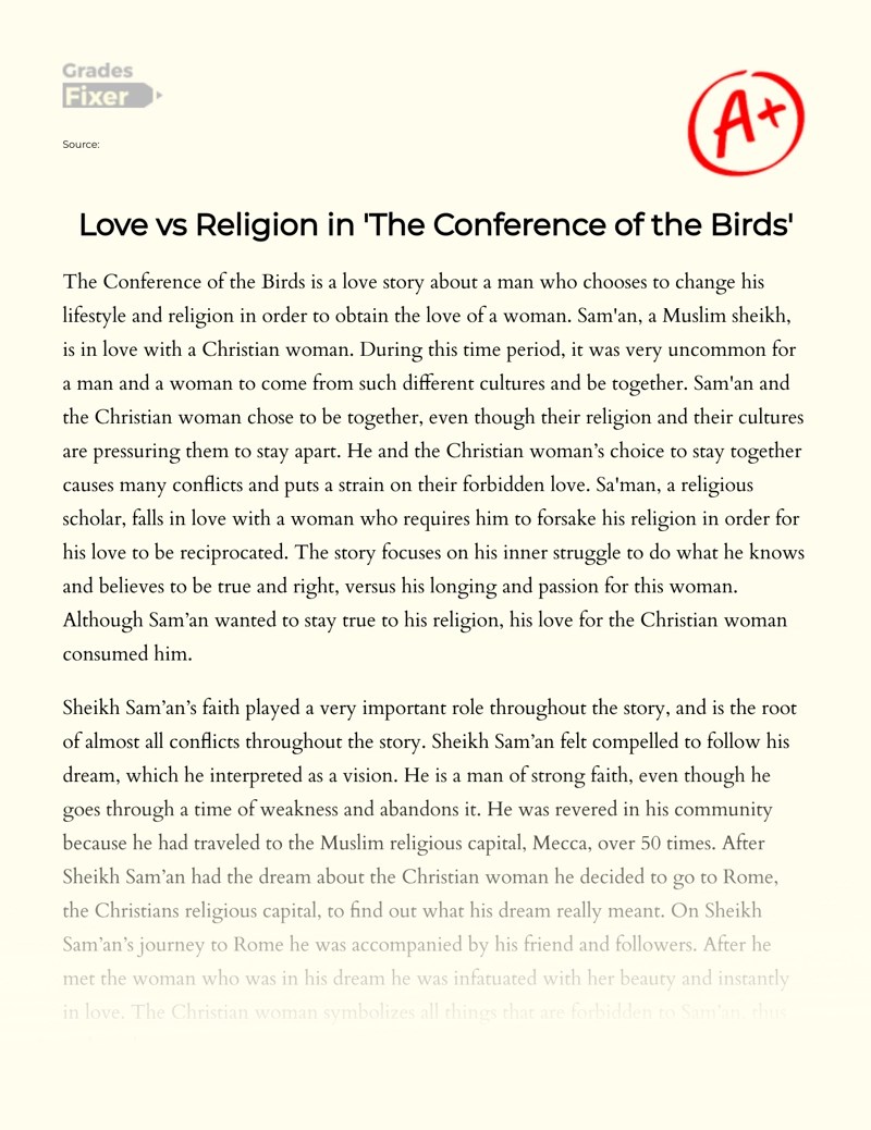 The Conference of The Birds' the Story of Sheikh Sam'an Summary [Essay Example], 1788 words
