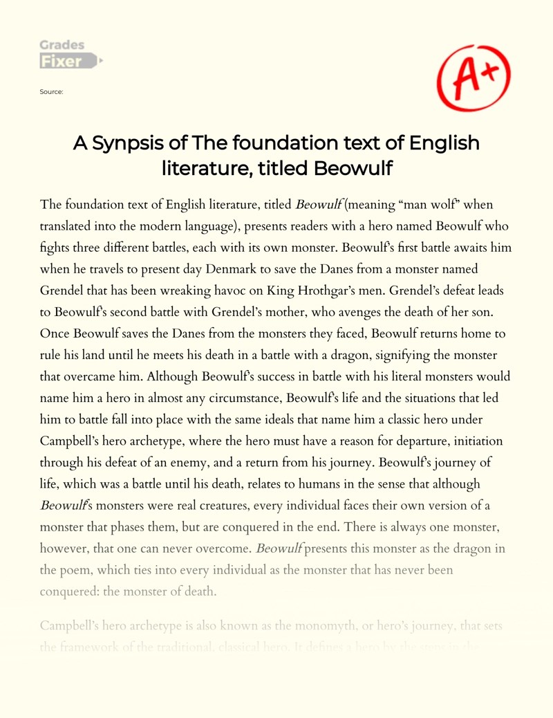 Example of Beowulf essay A summary of the basic English literature text entitled 2037 Words Gradesfixer