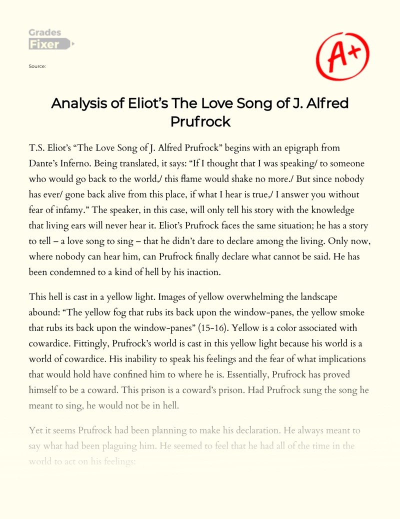 Analysis of Eliot’s the Love Song of J. Alfred Prufrock [Essay Example